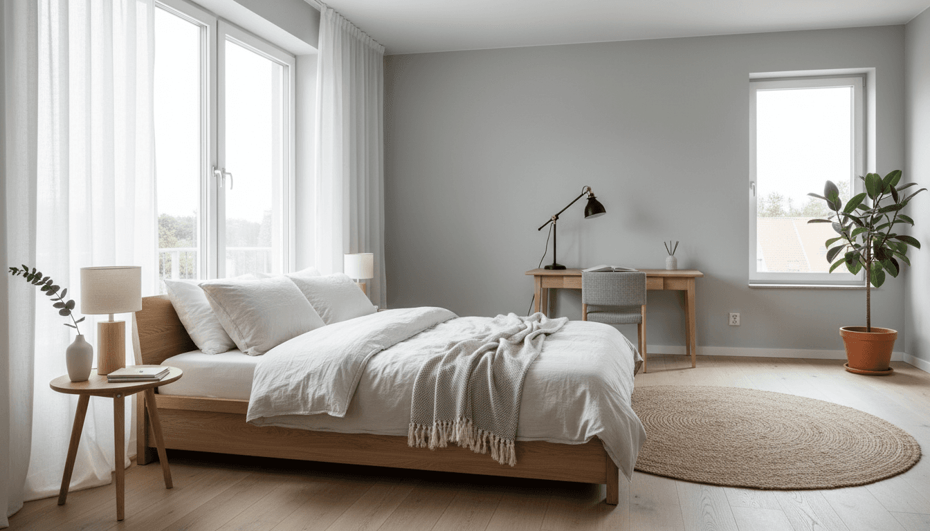 Bright Scandinavian bedroom with multiple modern lamps providing warm lighting, natural wood furniture, and neutral décor