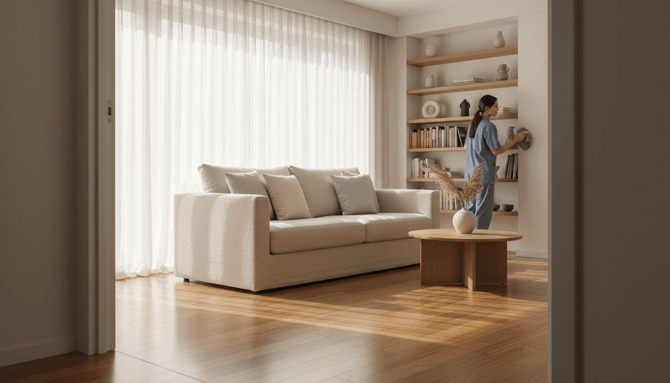 Bright, organized living room with cleaner dusting shelves, sunlit through windows, gleaming hardwood floors visible